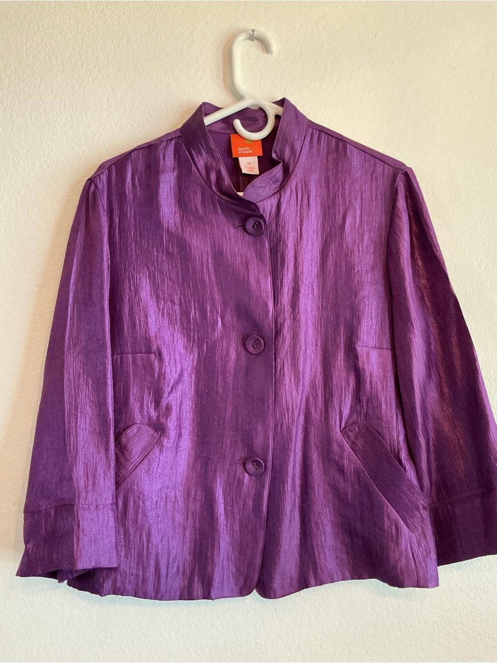 Hearts of Palm Metallic Purple Crinkle
Mock Neck Button Jacket Size 14